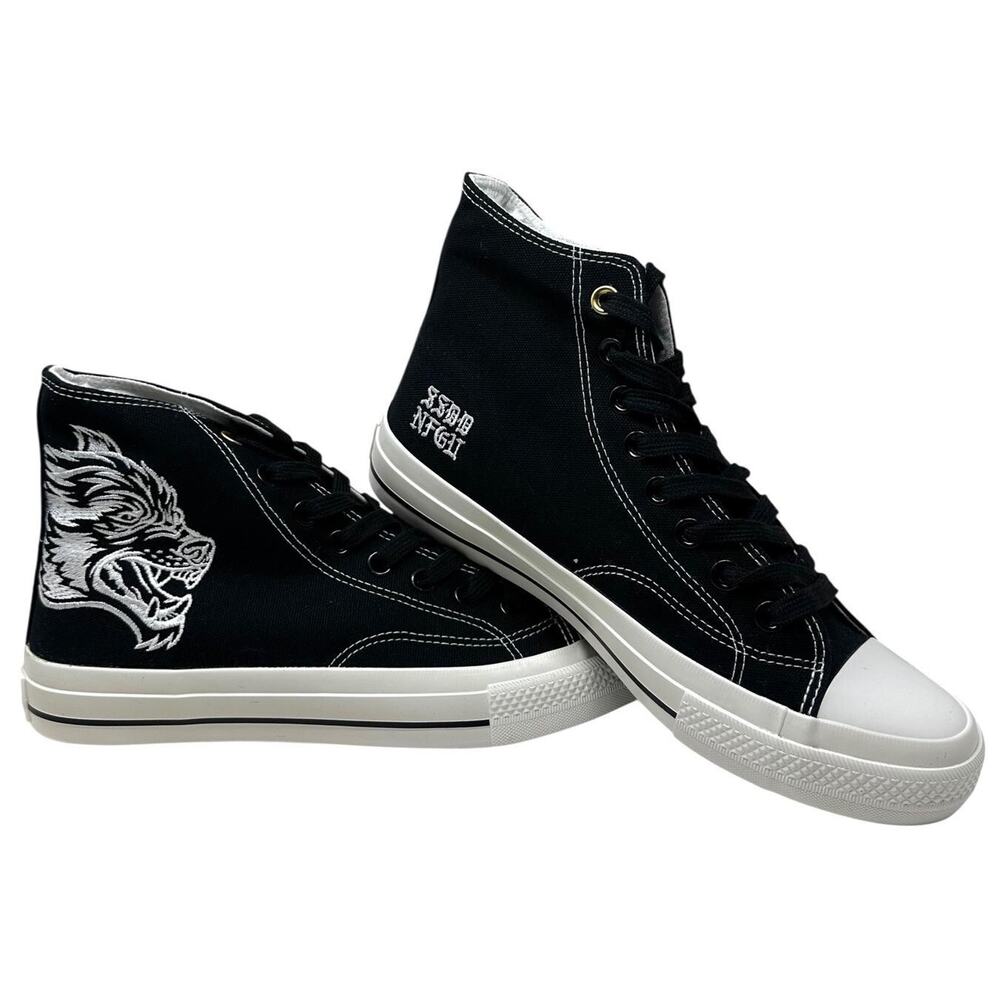 Darc Sport Black and White High-Top Canvas Sneakers with Wolf Patch
